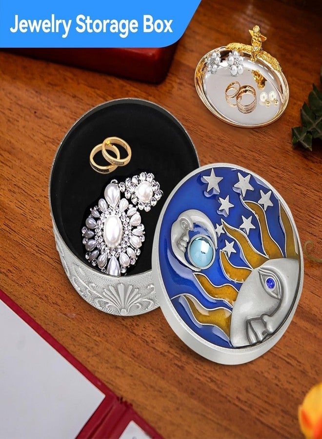 Moncer Vintage Round Jewelry Star Moon Pattern Small Trinket Storage Organizer Box Alloy Chest Ring Case Treasure Box Keepsake (Tin Color) - Image 2